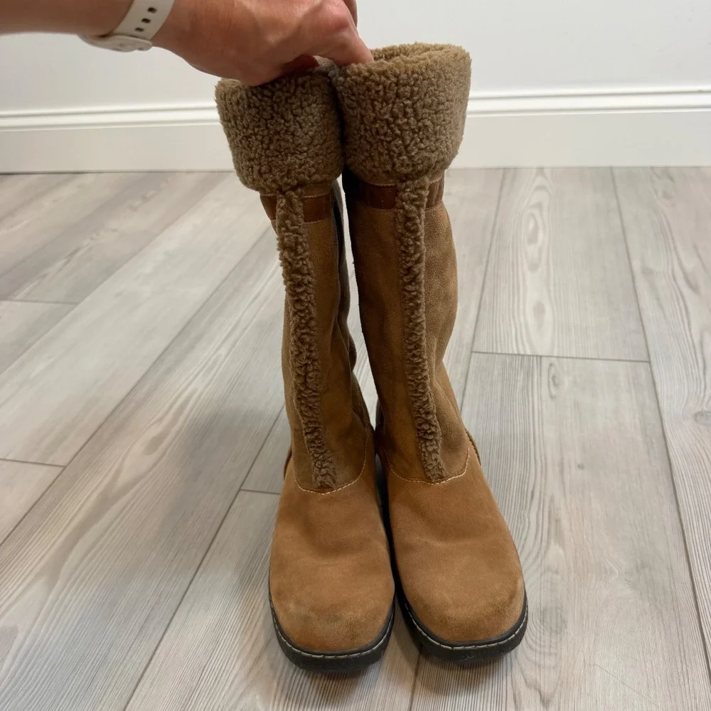 Lands End Womens Tan Suede Faux Shearling Lined Tall Winter Boots Size 8B 176999